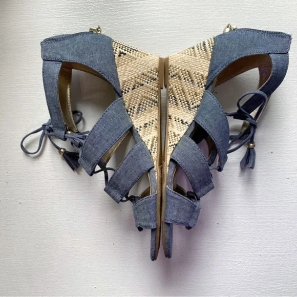 Bandolino Lace Up Denim Wedge Sandals - Picture 8 of 12